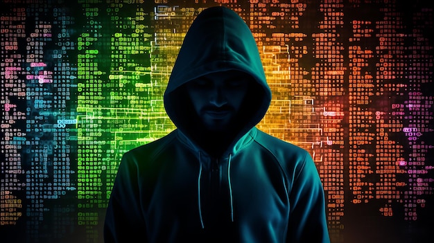 Анонимный хакер, окруженный сетью светящихся данных.