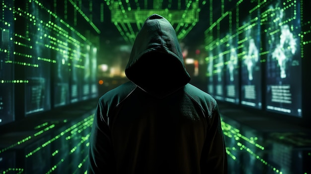 Anonymous hacker surrounded by a network of glowing data