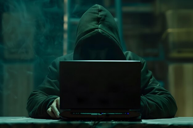 Anonymous hacker typing computer laptop Cybercrime cyberattack dark web concept