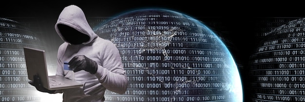 Anonymous hacker with computer code binary interface and earth world