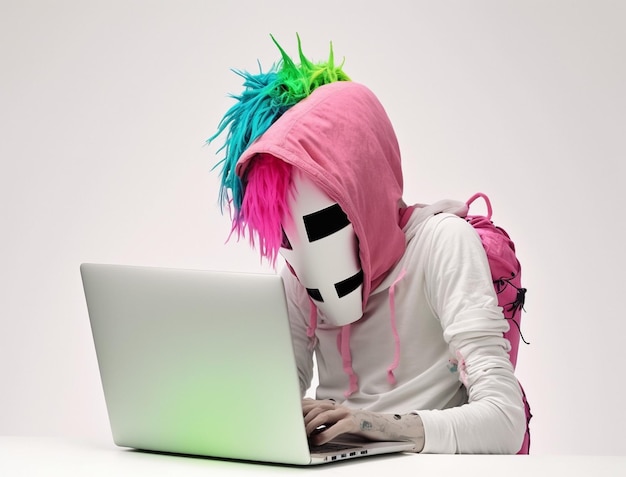 Фото Анонимный хакер с сумасшедшей и странной модой концепция взлома кибербезопасности, киберпреступности, кибератаки и т. д.