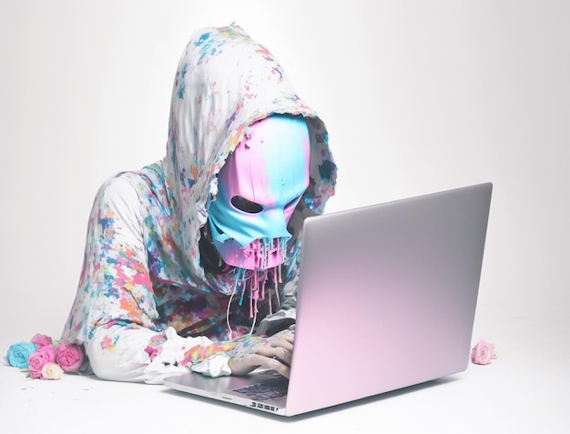 미친 이상한 패션을 가진 익명의 해커 해킹 사이버 보안 사이버 범죄 사이버 공격 등의 개념
