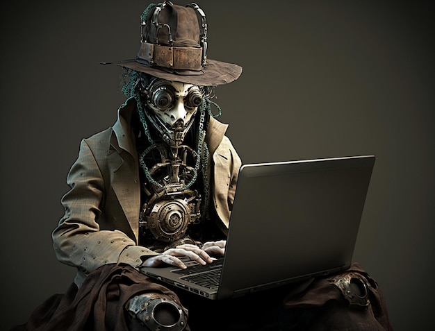 미친 이상한 패션과 steampunk 스타일의 익명 해커 해킹 사이버 보안 사이버 범죄 사이버 공격 등의 개념