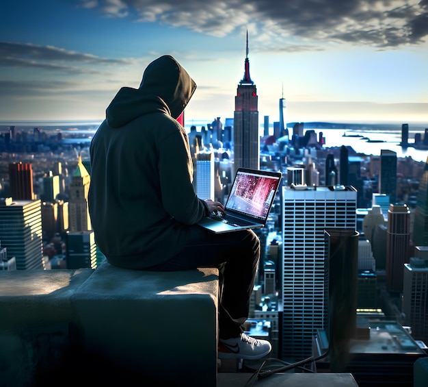 Anonymous hacker with hoodie typing laptop at the top of skyscraper AI generated