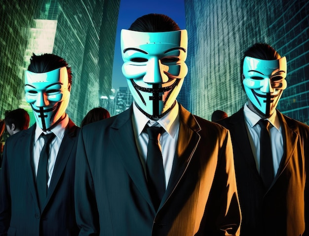 Анонимная хакерская группа неизвестных мужчин в черной толстовке с капюшонами и белых масках