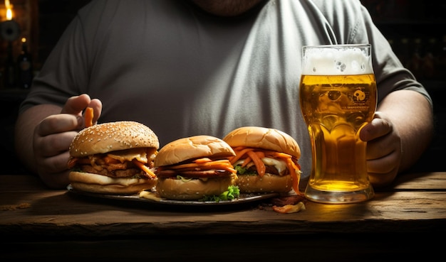 Anonymous heavyset man holds beer and a burger identity veiled in indulgence