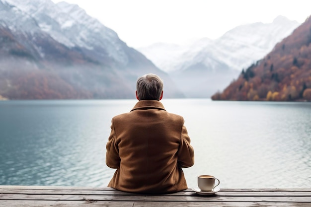 Anonymous man rests looking at a beautiful mountain landscape on an alpine lake