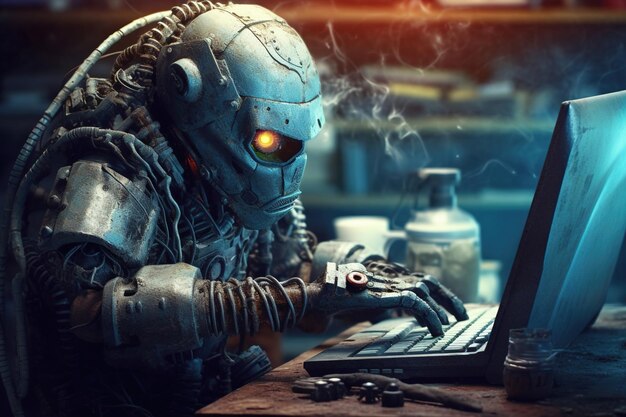 Anonymous Robotic alien hacker typing on computer laptop Hacking computer system Cyber crime