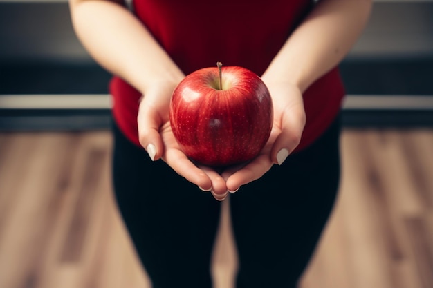 無名の女性が体重をチェックし健康とバランスのとれたライフスタイルを強調するリンゴを握っています