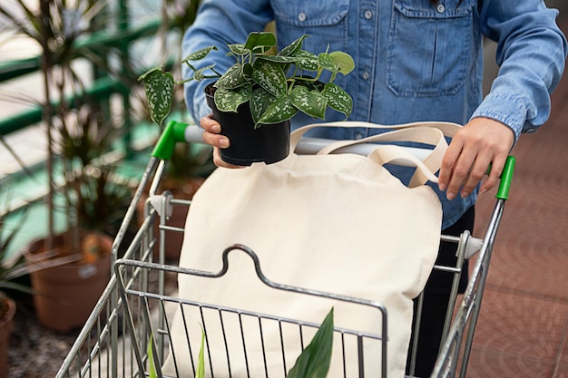 匿名の女性が新しい植物を選び、それをショッピング カートブランクのエコ バッグに入れる