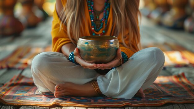 Anonymous woman sitting on the floor surrounded by resonance bowls holding a bowl in her hands