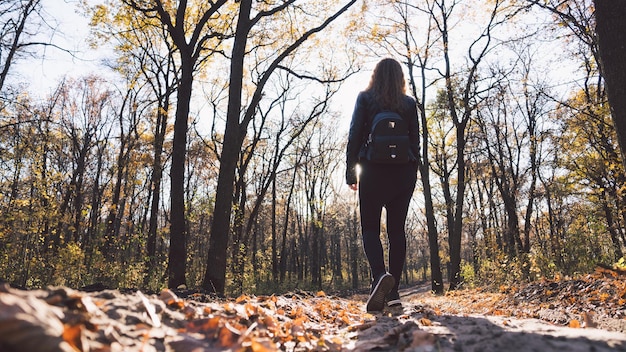 公園を歩いている匿名の女性静かな秋の公園の小道を歩いている装飾用バックパックを持つ若い女性の背面図