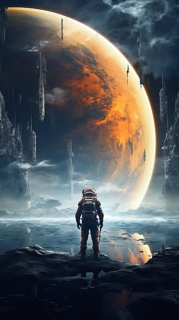 another man space suit standing rocky surface planet background digital wanderers traveling afar