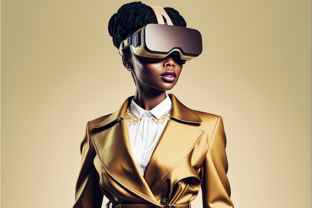 Another reality is here Businesswoman in VR headset Virtual reality simulator Technological advancement in business Generative AI