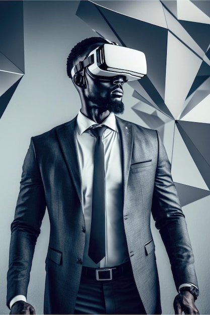 Another reality is here Handsome young African man in VR headset standing against a grey background Generative AI