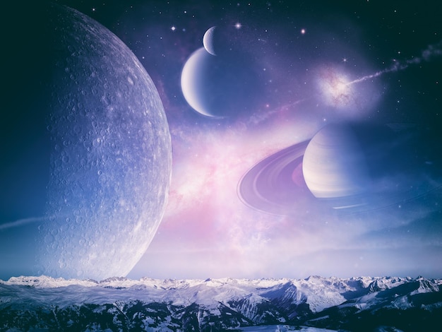 Photo another world landscape, abstract fantasy backgrounds. elements of this image furnished by nasa