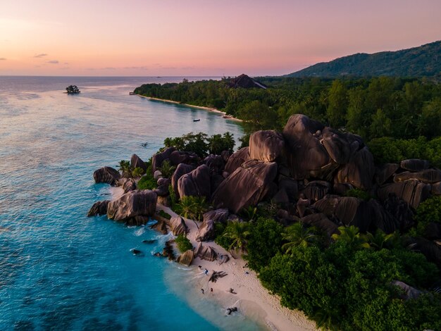 Anse source dargent beach la digue island seyshelles drone aerial view of la digue seychelles bird eye viewof tropical island