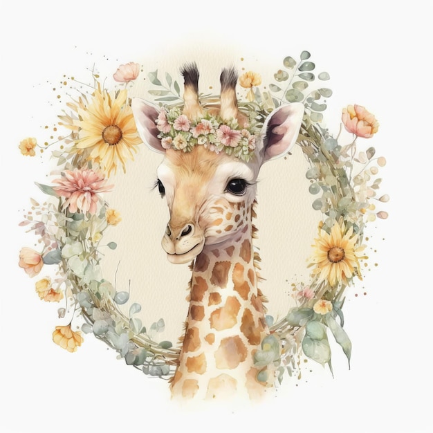 Foto ansichtkaart poster schattige kleine giraf in een krans van bloemen