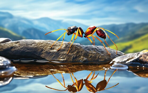 Photo ant exploration on sunlit rocks