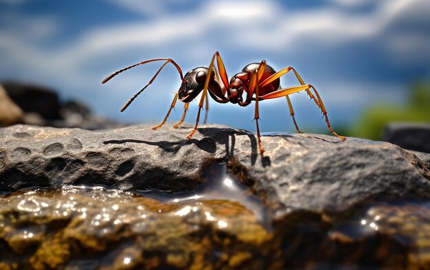 Photo ant exploration on sunlit rocks