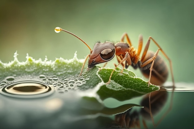 An ant is seen closely while drinking water from a plant leaf against a hazy green background