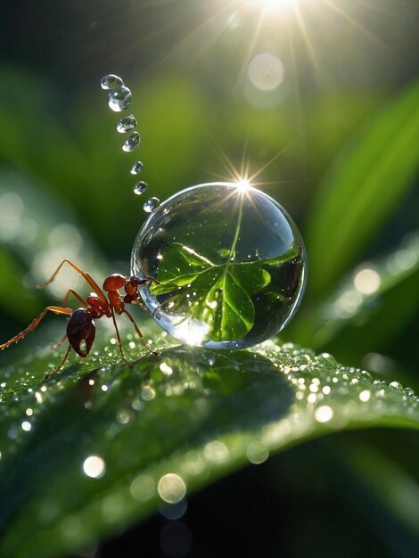 Photo a ant is standing on a leaf with water drops