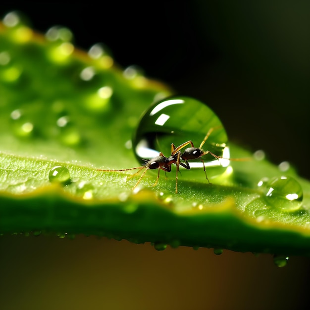 물방울이 있는 잎 위의 개미