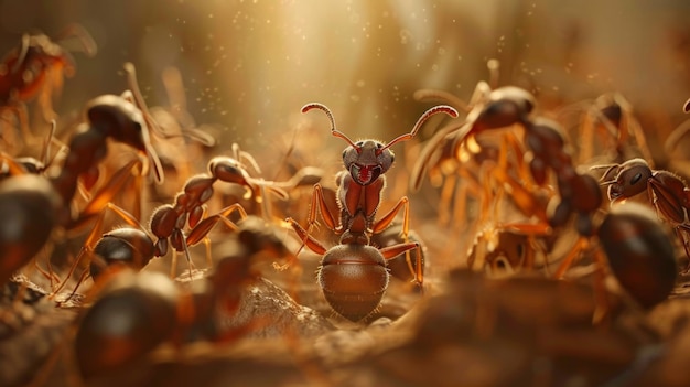 An ant queen surrounded by her loyal workers in a bustling colony symbolizing leadership and unity in insect societies