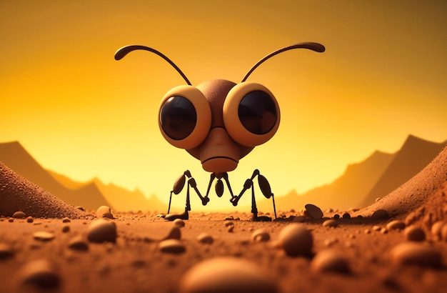 A ant with big eyes is standing on a beige background