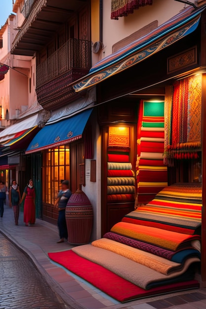 Antalya Turkey July 2021 Carpet shop selling oriental colourful rugs on in street old town Kale