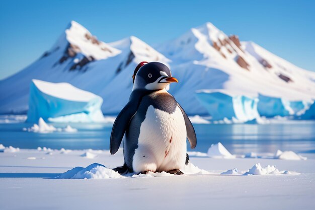 Antarctic glacier wild animal penguin standing in ice snow cute cartoon wallpaper background