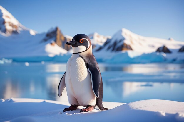 Antarctic glacier wild animal penguin standing in ice snow cute cartoon wallpaper background