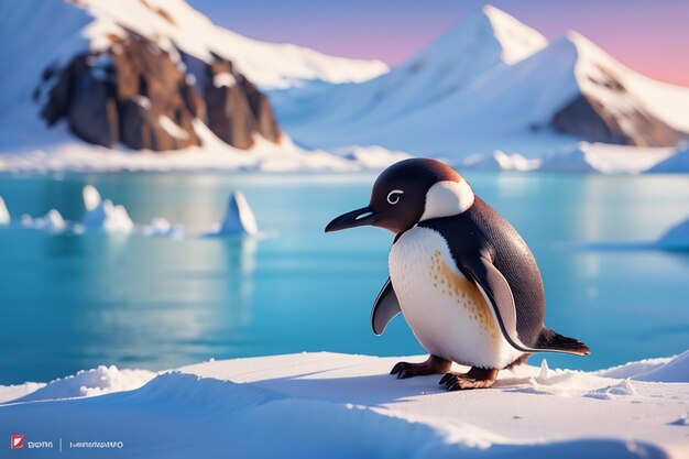 Antarctic glacier wild animal penguin standing in ice snow cute cartoon wallpaper background