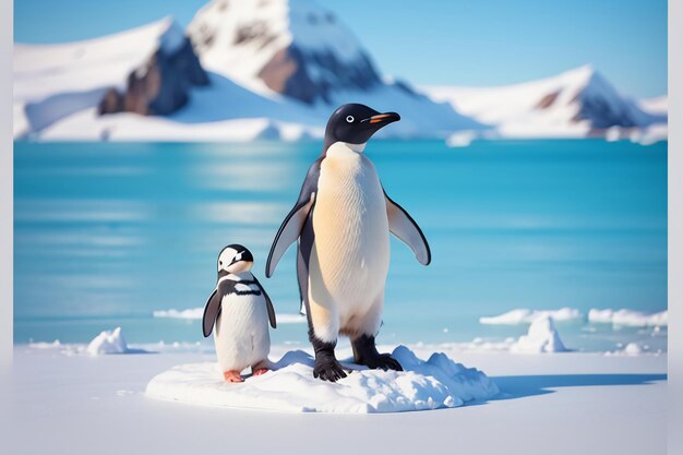 Antarctic glacier wild animal penguin standing in ice snow cute cartoon wallpaper background