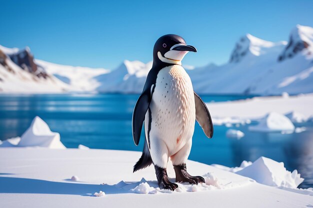 Antarctic glacier wild animal penguin standing in ice snow cute cartoon wallpaper background