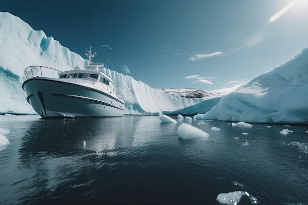 Antarctic landscape with ship and icebergs The ship driving through frozen sea Generative AI