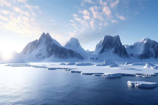 Antarctic winter landscape with icebergs in the ocean