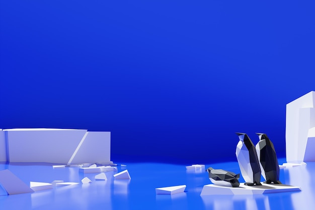 Antarctica penguin climate change global warming iceberg melting blue background 3d render