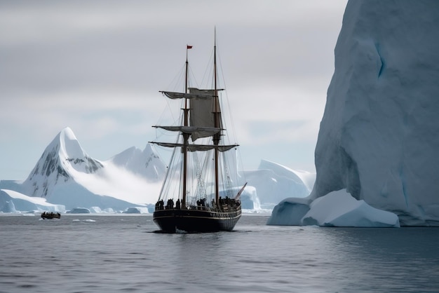 Antarctisch schip met ijsbergen en bergen op de achtergrond Generatieve AI