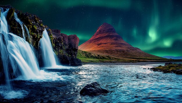 antastic winter scenery Kirkjufell mountain with beautiful aurora borealis and frozen water falls