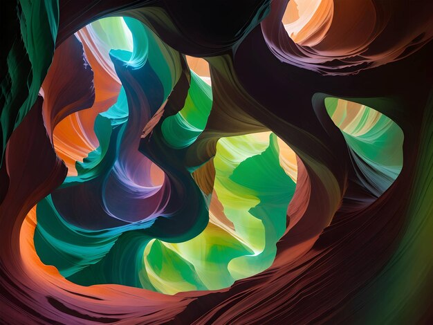 Antelope canyon with vibrant green and orange color nebula swirls