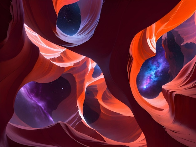 Antelope canyon with vibrant red and blue color nebula swirls