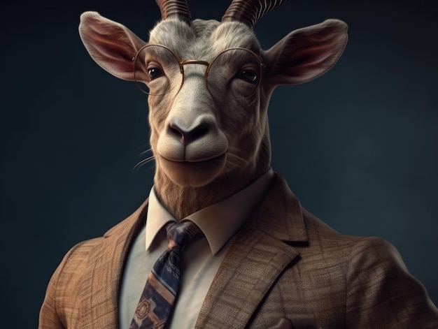 Antelope dressed in a business suit and wearing glasses close up portrait