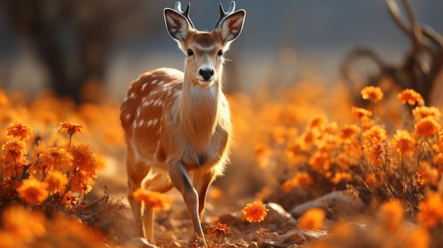 The antelope gallops on the grassland its light figure is amazing