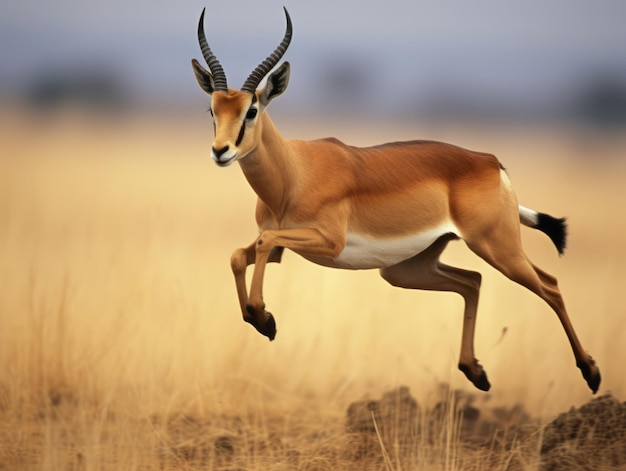 Антилопа готовится прыгнуть на африканской равнине.