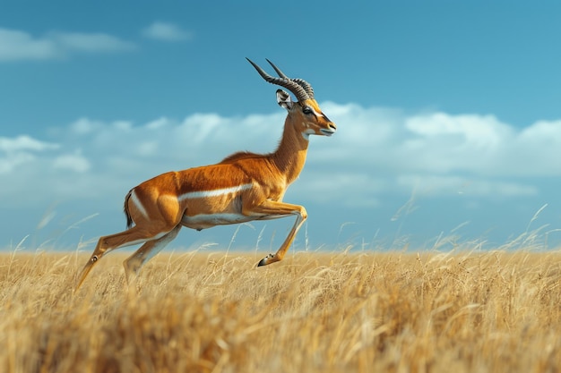 Photo an antelope with impressive horns leaping gracefully almost floating above the tall savanna grass