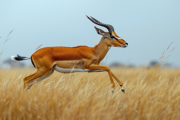 Photo an antelope with impressive horns leaping gracefully almost floating above the tall savanna grass