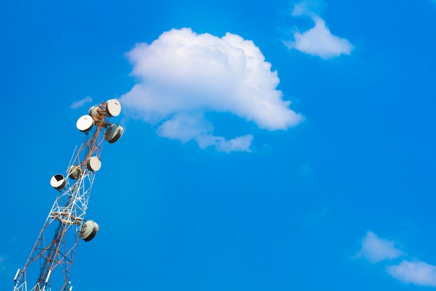 Antenna with many receiver dishes and sky and clouds background.