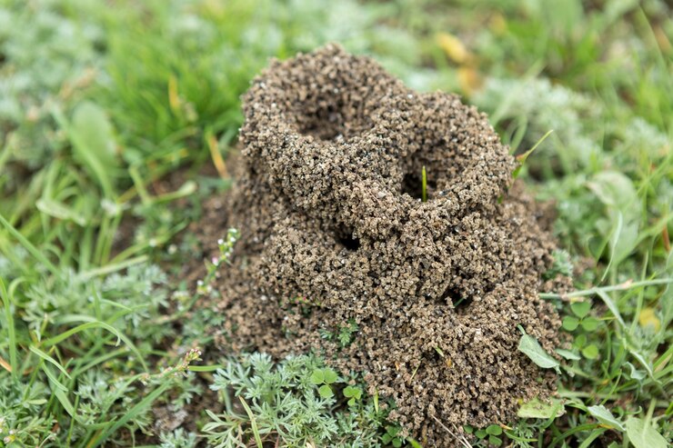 Anthill on a background of fresh greenery. Details of the wild life of ants.