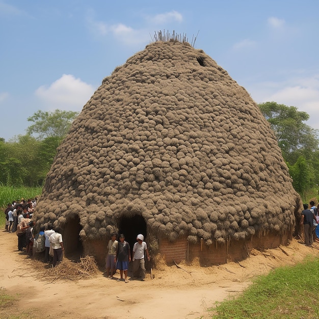 Photo an anthill for people large house made of natural materials and many people in it unusual